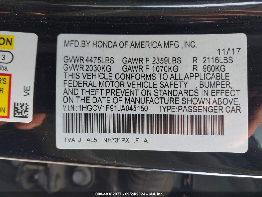 1HGCV1F91JA045150 2018 Honda Accord Touring