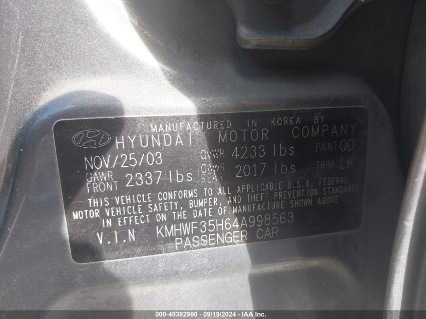 KMHWF35H64A998563 2004 Hyundai Sonata Gls/Lx