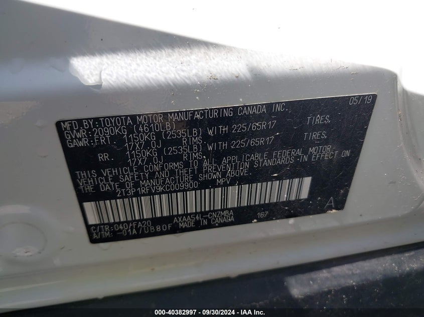 VIN 2T3P1RFV9KC009900 2019 TOYOTA RAV4 XLE