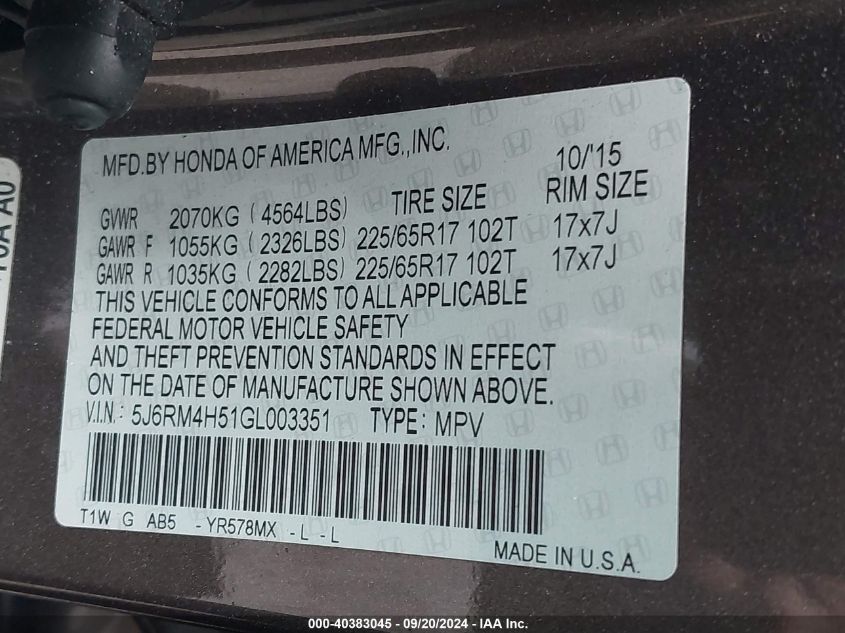 2016 Honda Cr-V Ex VIN: 5J6RM4H51GL003351 Lot: 40383045