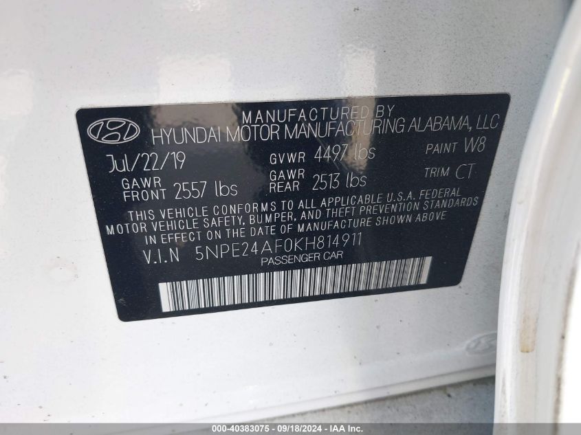 5NPE24AF0KH814911 2019 Hyundai Sonata Se