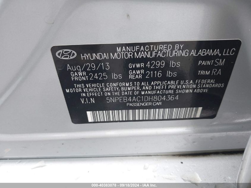 2013 Hyundai Sonata Gls VIN: 5NPEB4AC1DH804364 Lot: 40383078