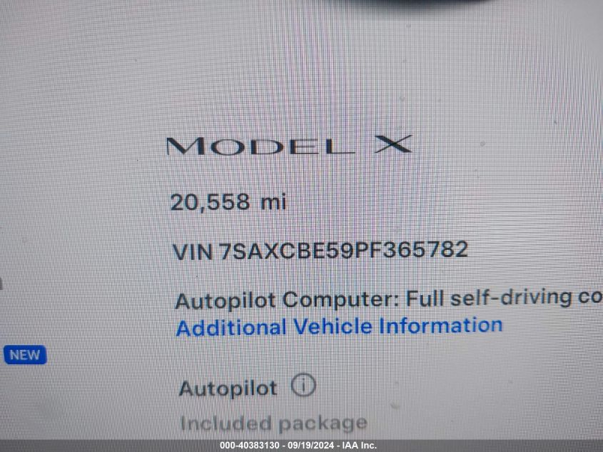 2023 Tesla Model X Dual Motor All-Wheel Drive/Standard Range VIN: 7SAXCBE59PF365782 Lot: 40383130