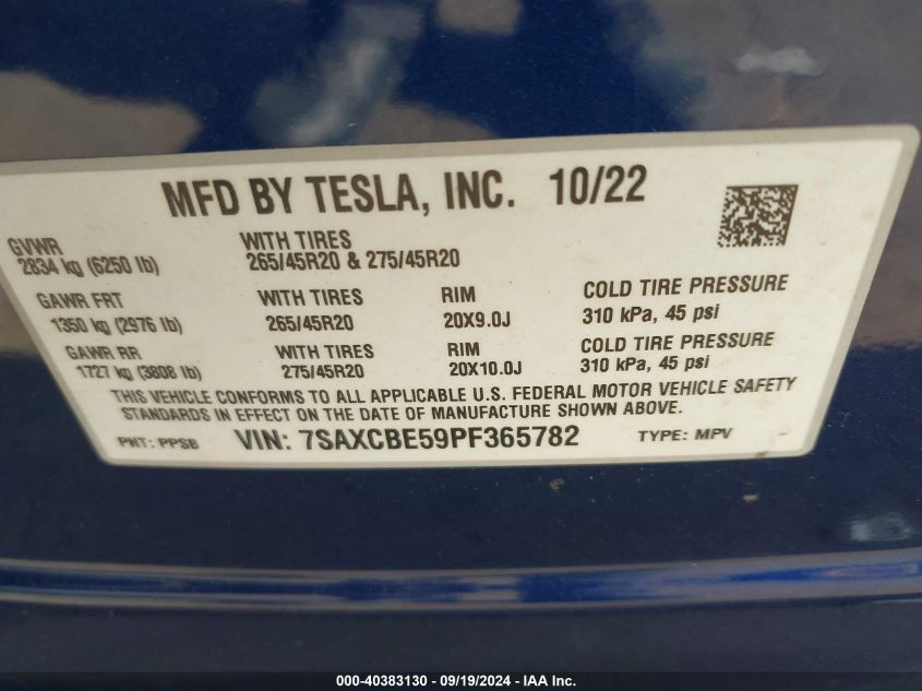 2023 Tesla Model X Dual Motor All-Wheel Drive/Standard Range VIN: 7SAXCBE59PF365782 Lot: 40383130