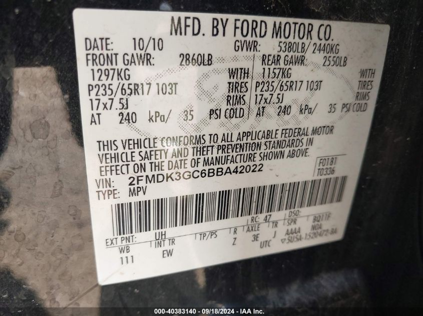 2011 Ford Edge Se VIN: 2FMDK3GC6BBA42022 Lot: 40383140