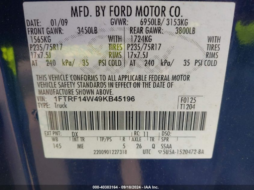 2009 Ford F-150 Stx/Xl/Xlt VIN: 1FTRF14W49KB45196 Lot: 40383164