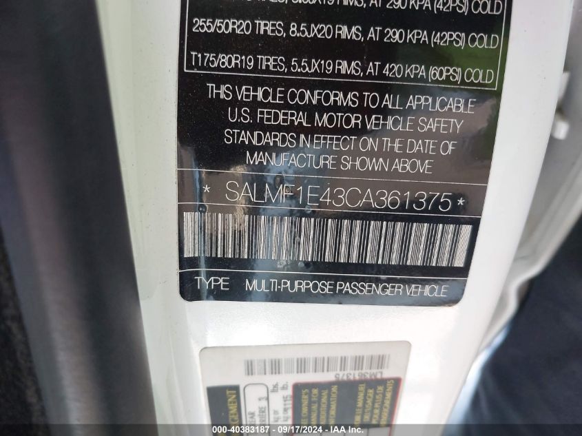 2012 Land Rover Range Rover Supercharged VIN: SALMF1E43CA361375 Lot: 40383187