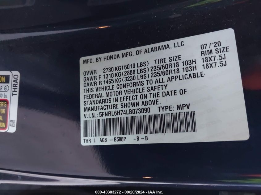 2020 Honda Odyssey Ex-L/Ex-L W/Navi Res VIN: 5FNRL6H74LB073090 Lot: 40383272