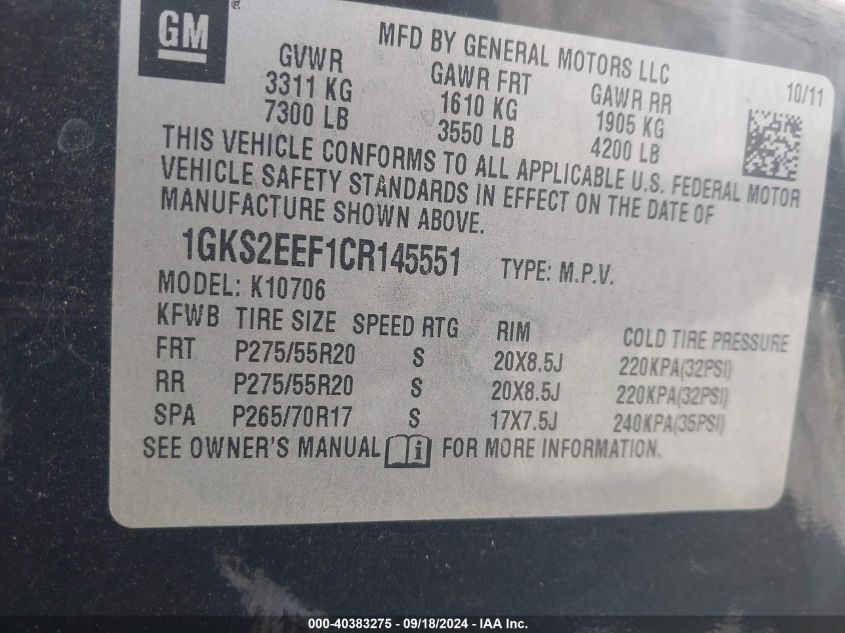 2012 GMC Yukon Denali VIN: 1GKS2EEF1CR145551 Lot: 40383275