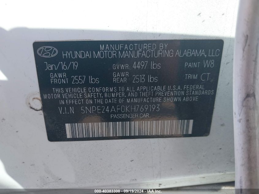 5NPE24AF0KH769193 2019 Hyundai Sonata Se