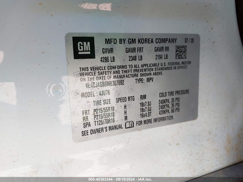 2021 Buick Encore Fwd Preferred VIN: KL4CJASB6MB307692 Lot: 40383344