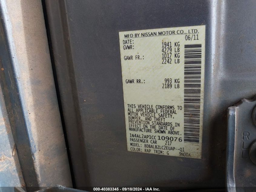 2012 Nissan Altima 2.5 S VIN: 1N4AL2AP1CC109076 Lot: 40383345