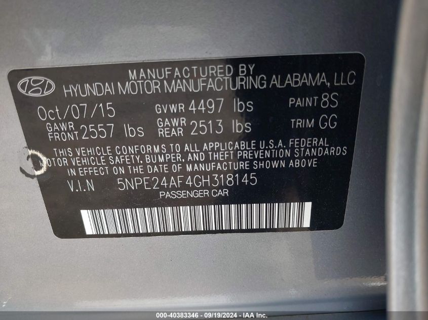 5NPE24AF4GH318145 2016 Hyundai Sonata Se