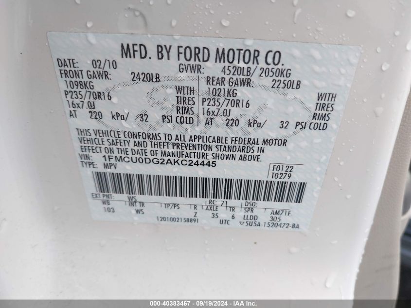 1FMCU0DG2AKC24445 2010 Ford Escape Xlt