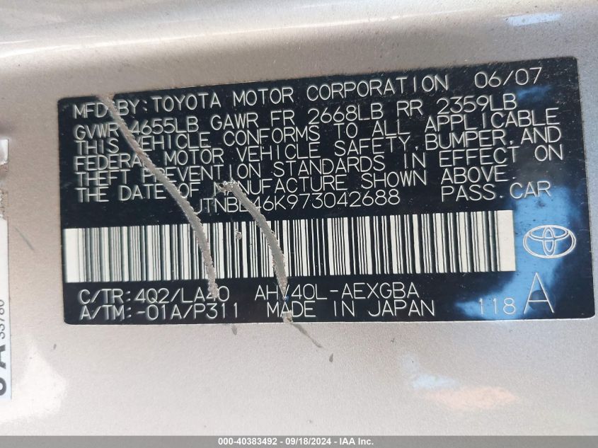 2007 Toyota Camry Hybrid Hybrid VIN: JTNBB46K973042688 Lot: 40383492