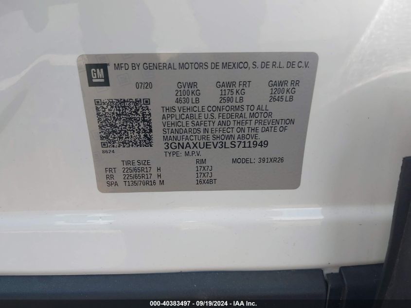 2020 CHEVROLET EQUINOX AWD LT 1.5L TURBO - 3GNAXUEV3LS711949