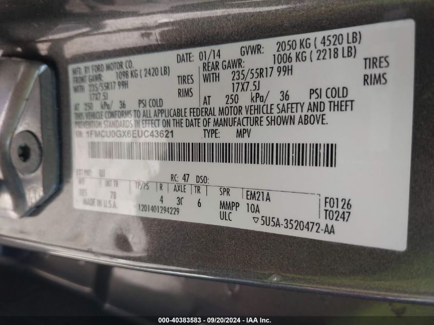 1FMCU0GX6EUC43621 2014 Ford Escape Se