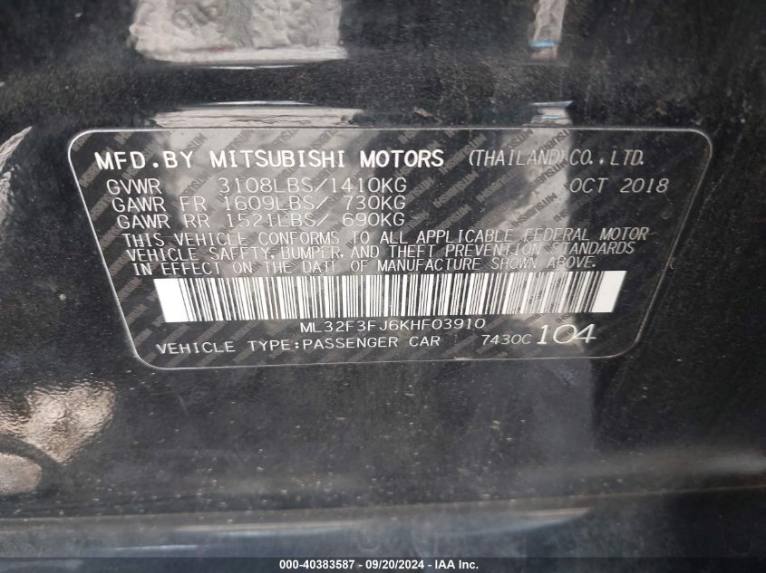 ML32F3FJ6KHF03910 2019 Mitsubishi Mirage G4 Es