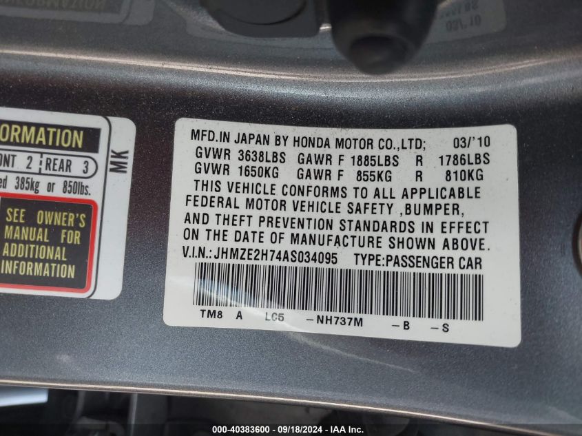 JHMZE2H74AS034095 2010 Honda Insight Ex