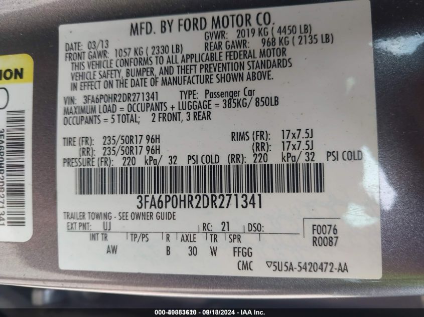 2013 Ford Fusion VIN: 3FA6P0HR2DR271341 Lot: 40383610