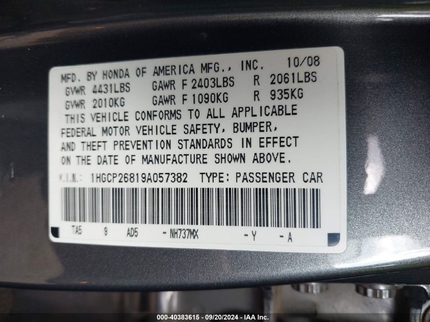 1HGCP26819A057382 2009 Honda Accord 2.4 Ex-L