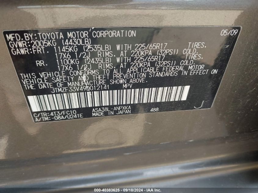 JTMZF33V49D012141 2009 Toyota Rav4