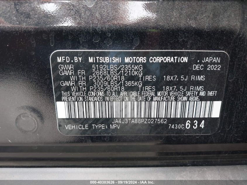 2023 Mitsubishi Outlander Es 2.5 2Wd VIN: JA4J3TA88PZ027562 Lot: 40383626