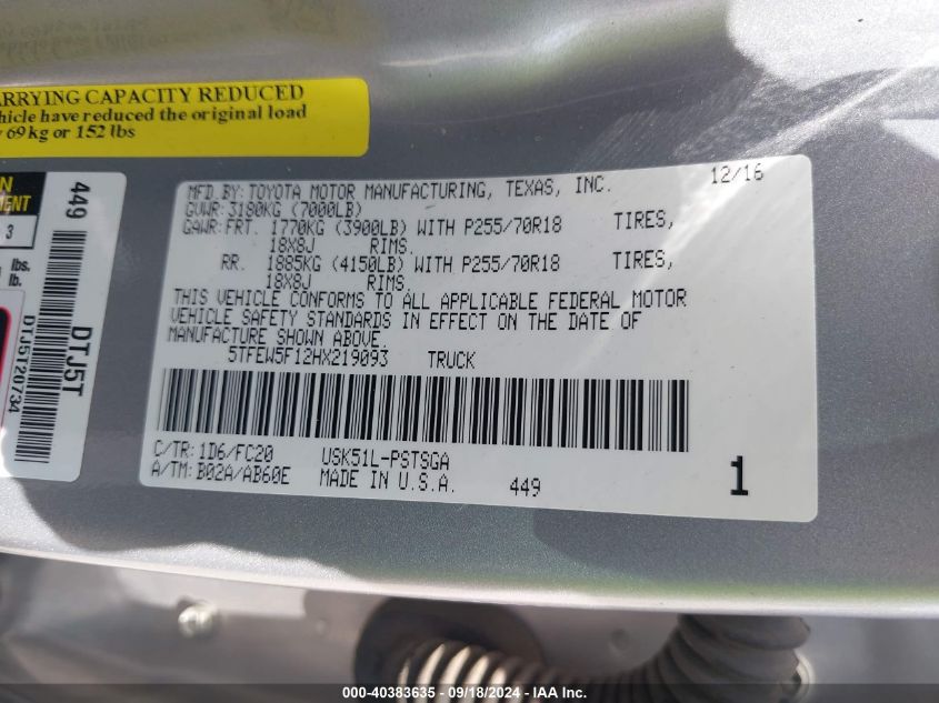 2017 TOYOTA TUNDRA SR5 5.7L V8 - 5TFEW5F12HX219093