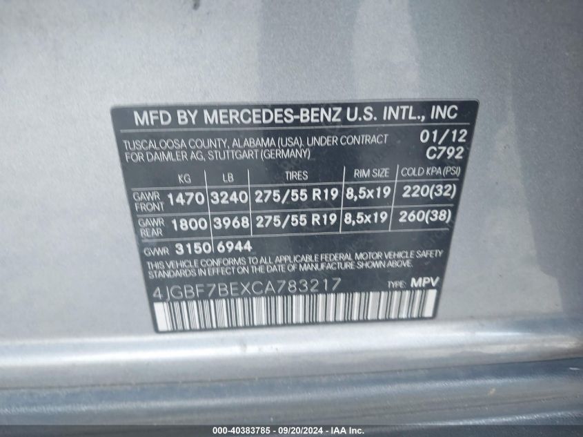 4JGBF7BEXCA783217 2012 Mercedes-Benz Gl 450 4Matic