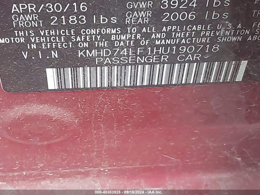 KMHD74LF1HU190718 2017 Hyundai Elantra Se