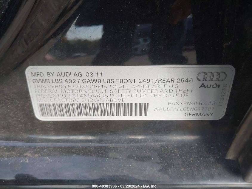 2011 Audi A4 2.0T Premium VIN: WAUBFAFL0BN047787 Lot: 40383986