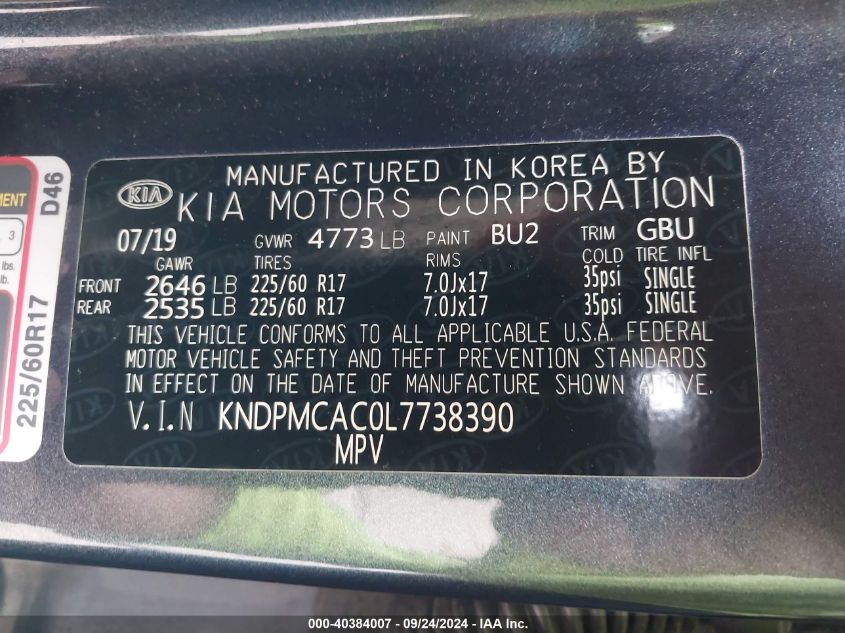 KNDPMCAC0L7738390 2020 Kia Sportage Lx