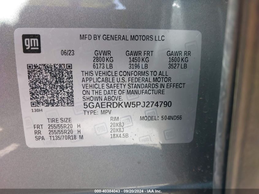 2023 Buick Enclave Avenir Fwd VIN: 5GAERDKW5PJ274790 Lot: 40384043