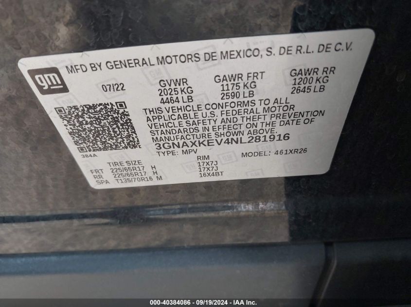 2022 CHEVROLET EQUINOX FWD LT - 3GNAXKEV4NL281916