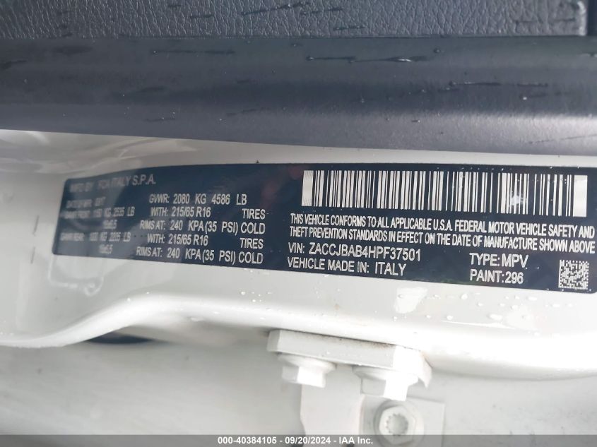 ZACCJBAB4HPF37501 2017 Jeep Renegade Sport 4X4