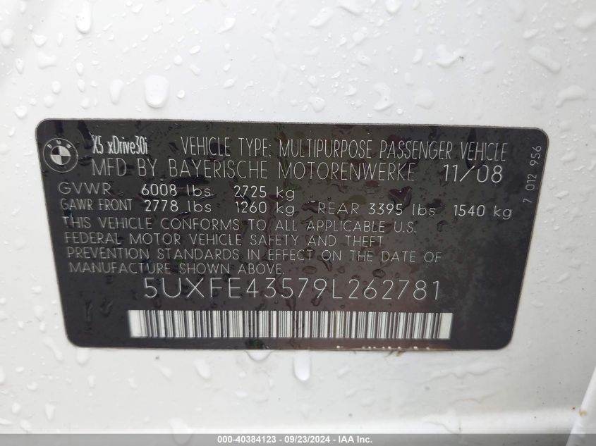 5UXFE43579L262781 2009 BMW X5 xDrive30I
