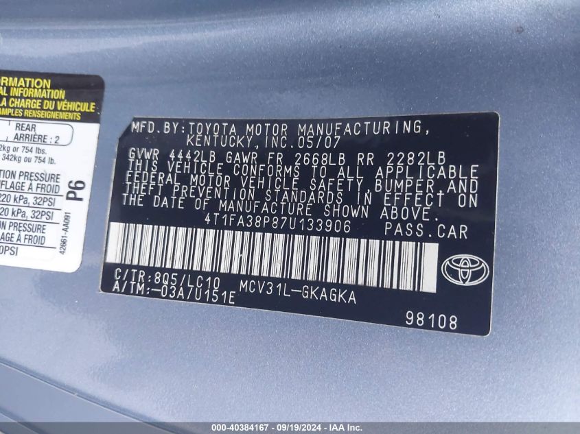 4T1FA38P87U133906 2007 Toyota Camry Solara Sle