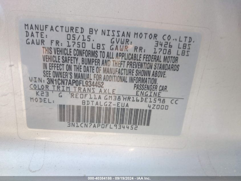 3N1CN7AP0FL934452 2015 Nissan Versa 1.6 Sl