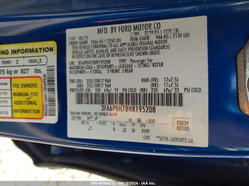 2017 FORD FUSION VIN: 3FA6P0H78HR195208