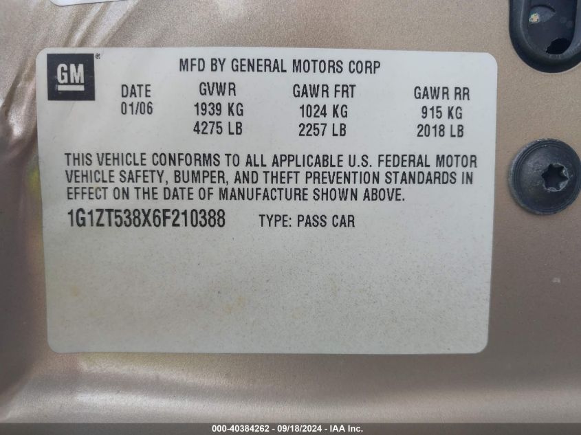 1G1ZT538X6F210388 2006 Chevrolet Malibu Lt