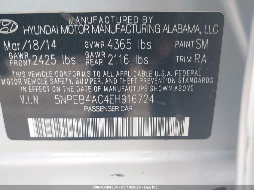 5NPEB4AC4EH916724 2014 Hyundai Sonata Gls