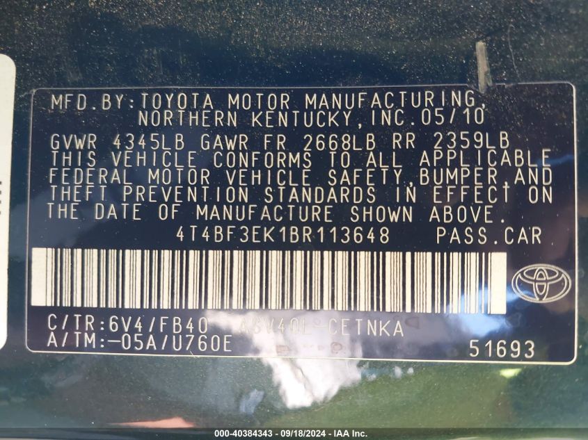 4T4BF3EK1BR113648 2011 Toyota Camry Le