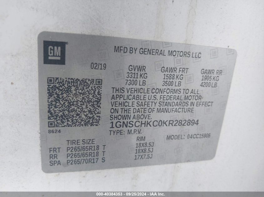 1GNSCHKC0KR282894 2019 Chevrolet Suburban Lt