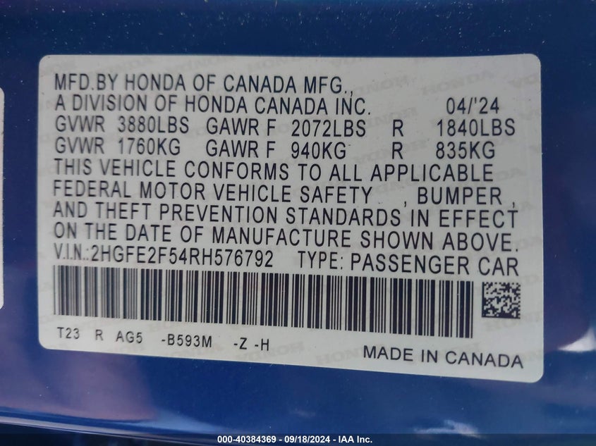 2024 HONDA CIVIC 2.0L I-4 DI, DOHC, V(VIN: 2HGFE2F54RH576792