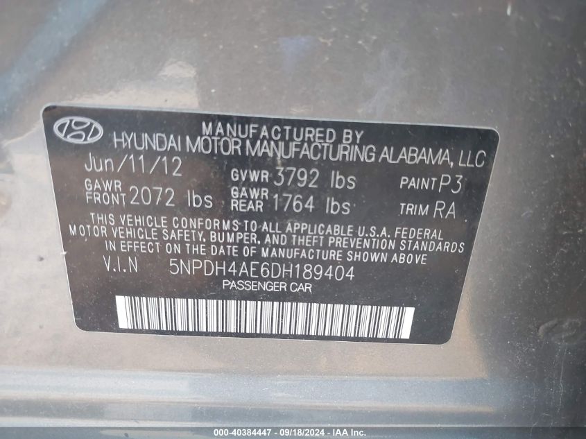 5NPDH4AE6DH189404 2013 Hyundai Elantra Limited