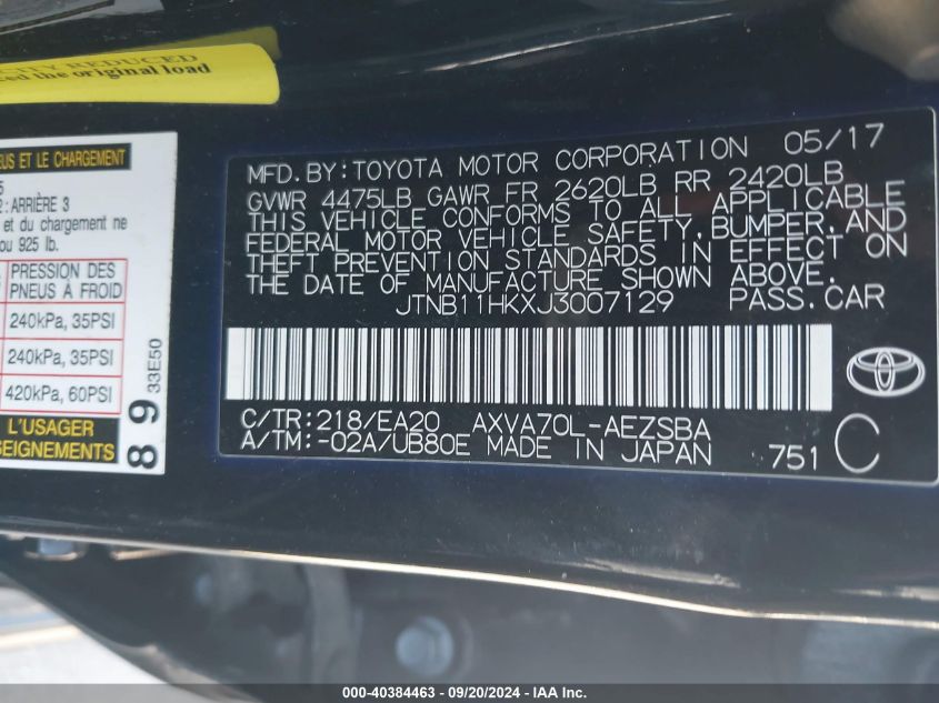 JTNB11HKXJ3007129 2018 Toyota Camry Se