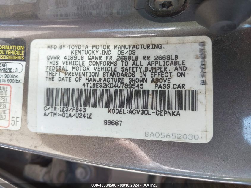 4T1BE32K04U789545 2004 Toyota Camry Le