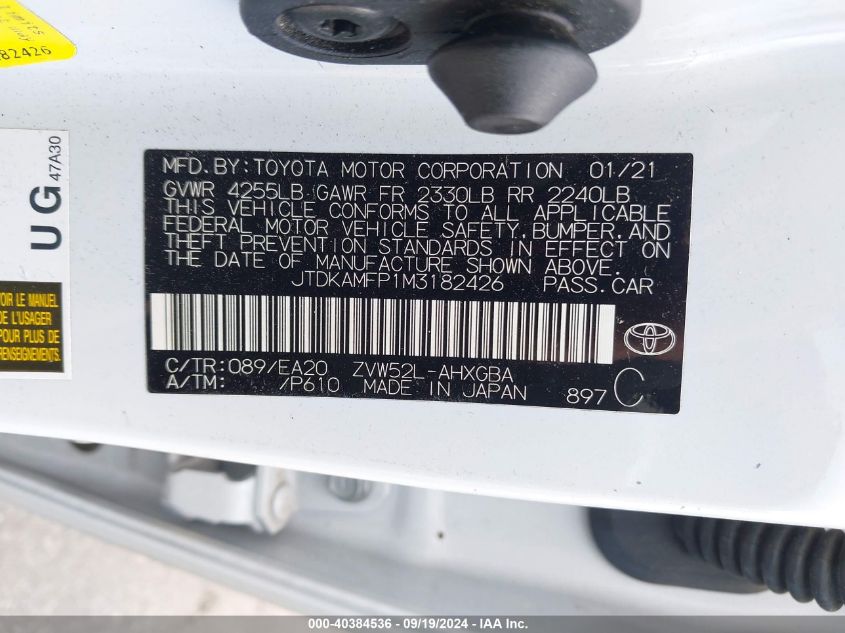 2021 Toyota Prius Prime Xle VIN: JTDKAMFP1M3182426 Lot: 40384536