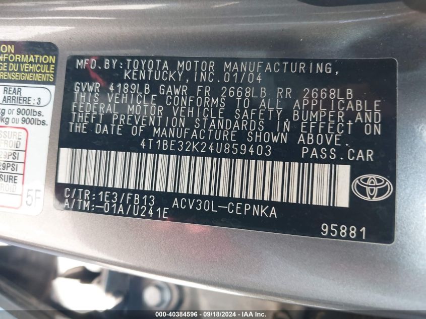 4T1BE32K24U859403 2004 Toyota Camry Le