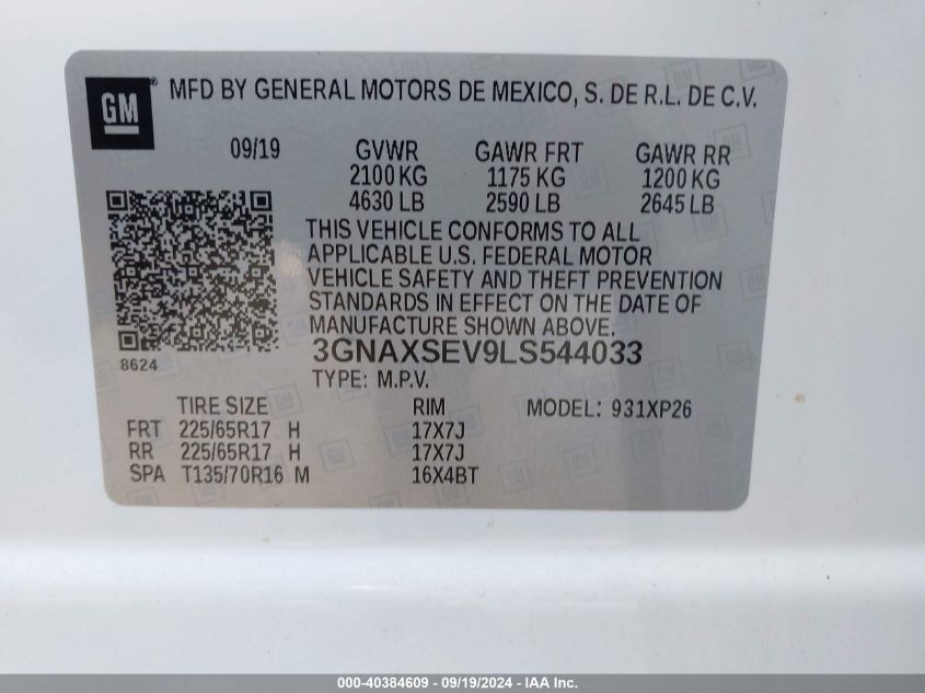 2020 Chevrolet Equinox Awd Ls VIN: 3GNAXSEV9LS544033 Lot: 40384609